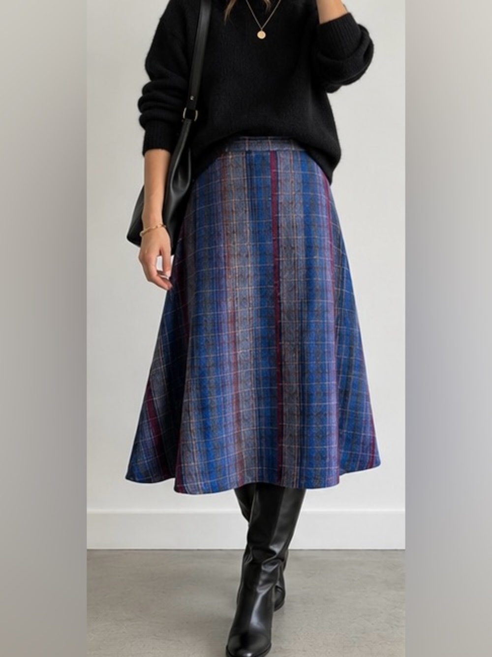 Vintage A-line Blue Midi Blue Pink Wool Plaid Women's Skirt Size Small